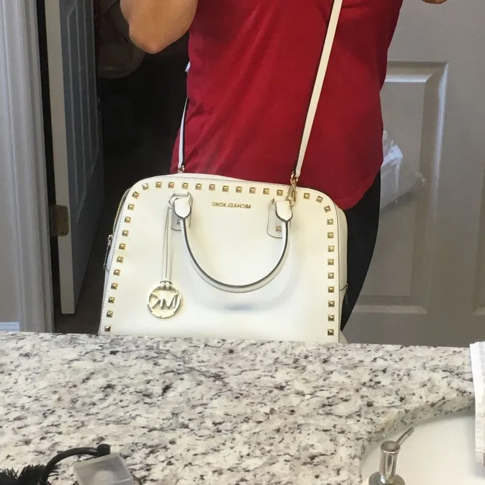 Genuine Michael Kors Large Satchel Handbag Crossbody Studded White - Picture 5 of 6